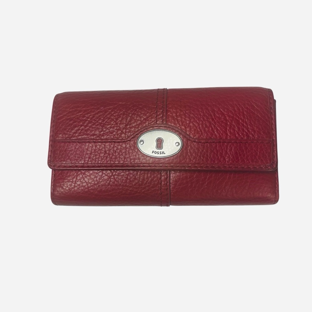 Fossil Marlow Flap Red Leather Clutch Wallet Womens Antiqued Silver Hardware